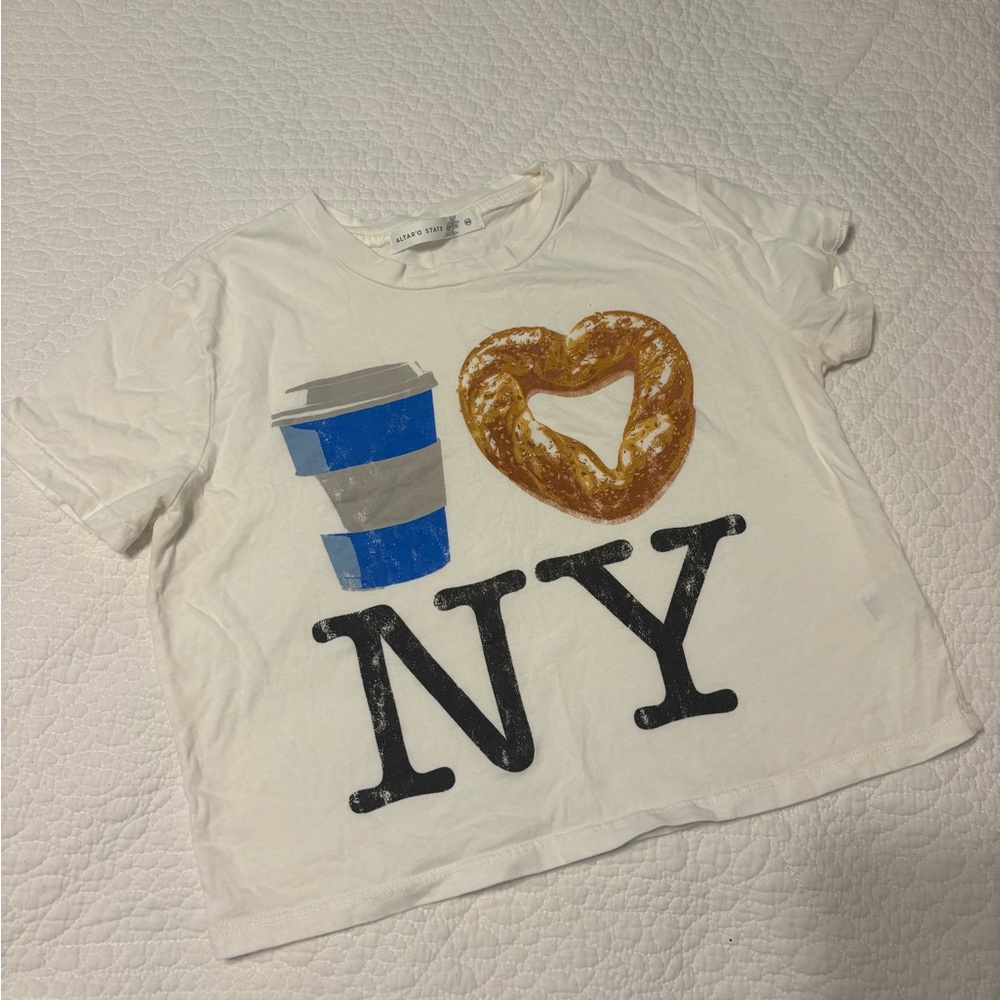 Altar'd State White XS Tee with Pretzel & Blue Coffee Cup Graphic